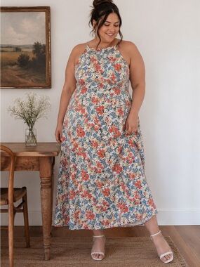 Floral Cotton Midi Dress XL Sleeveless Cottagecore Summer Chaps Flowy Summer
